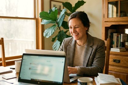 A woman on a friendly video health visit from her warm home office