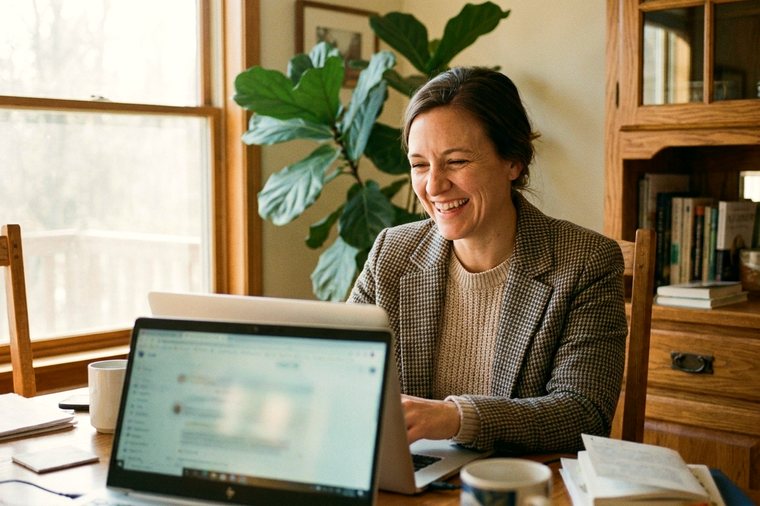 A woman on a friendly video health visit from her warm home office