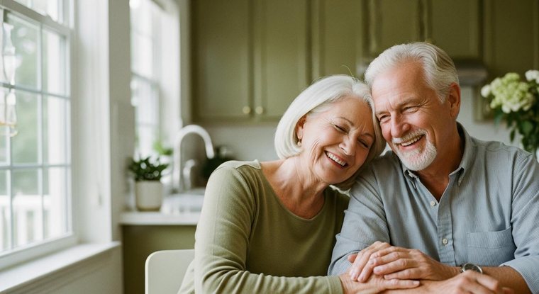 A happy senior couple smiling together at their sunny kitchen table